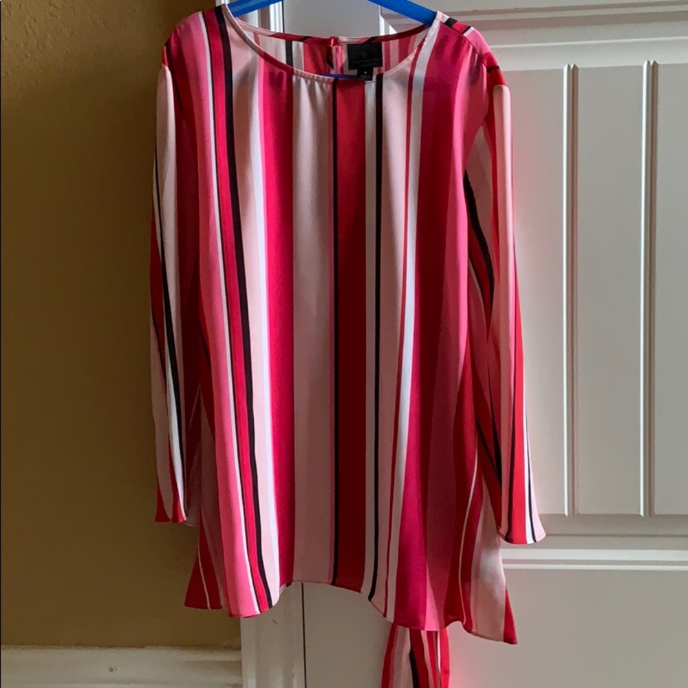 white red and pink striped colorblock top with tie